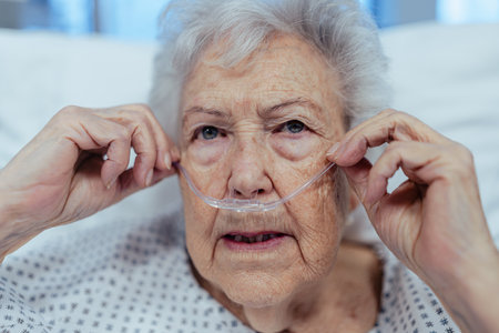 Senior woman after stroke, heart attack recoverying, lying in hospital bed. Elderly patient in...