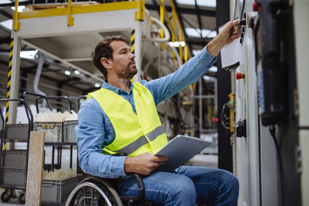 Portrait of man in wheelchair working in modern industrial factory, in adjustable workstation. Concept of workers with disabilities, accessible workplace for employees with mobility impairment.の写真素材