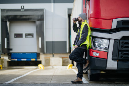 Truck driver leaning against red truck and drinking coffee, waiting for warehouse workers.