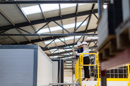 Female engineer and male project manager standing in modern industrial factory, talking about production. Team management in manufacturing facilityの写真素材