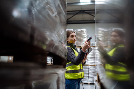 Female warehouse worker holding scanner, scanning the barcodes on products in warehouse. Warehouse manager using warehouse scanning system.の写真素材