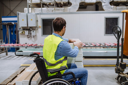 Portrait of man in wheelchair working in modern industrial factory, in adjustable workstation....