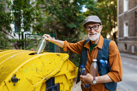 Senior man throwing plastic waste, bottles into recycling container in front apartment. Elderly man sorting the waste according to material into colored bins.の写真素材