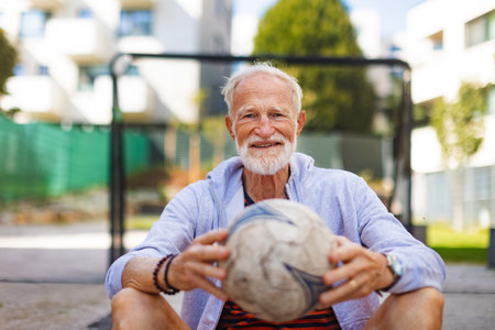 Senior man holding football in hands. Older, vital man has active lifestyle, doing sport every day.の写真素材
