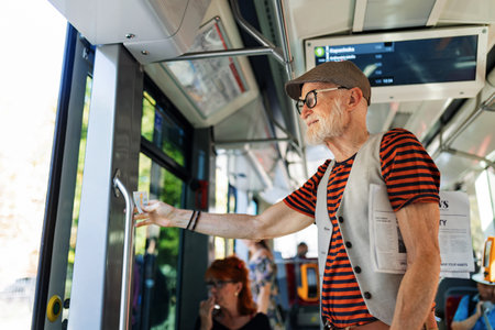 Elderly man traveling through the city by bus, standing by door. Senior city commuter taking tram to grocery, using public transportation.の写真素材
