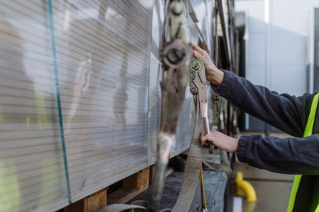 Warehouse receivers unloading of the truck in front of warehouse, checking delivered items.の写真素材