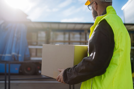 Warehouse receiver unloading truck in front of warehouse, carrying cardboard box with delivered...