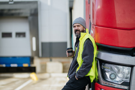 Truck driver leaning against red truck and drinking coffee, waiting for warehouse workers.の写真素材
