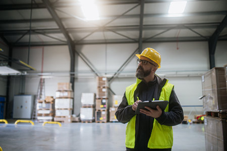 Warehouse receiver standing by delivered cargo, holding tablet, looking at cargo details, checking delivered items, goods against order.の写真素材
