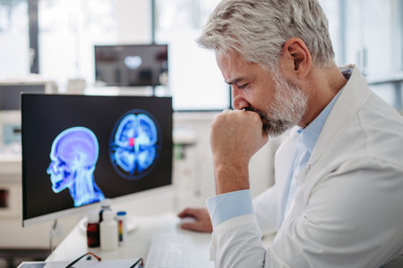 Sad doctor looks at an MRI scan, patients bad test results, feeling helpless. Recurrence of the...