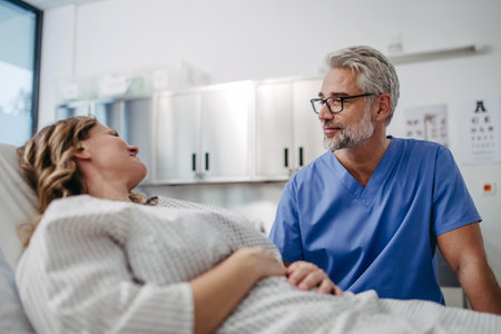 Doctor talking with worried patient, emotional support before surgery. Friendly male doctor reassuring the patient.の写真素材