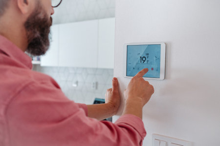 Man using smart thermostat, adjusting, lowering heating temperature at home. Concept of sustainable, efficient, and smart technology in home heating and thermostats.の写真素材
