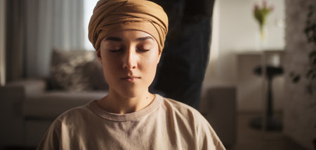 Young woman with cancer taking yoga and meditating in her apartment, banner. Strong female patient calming her mind with easy exercise. Concept of mental health and cancer.の写真素材