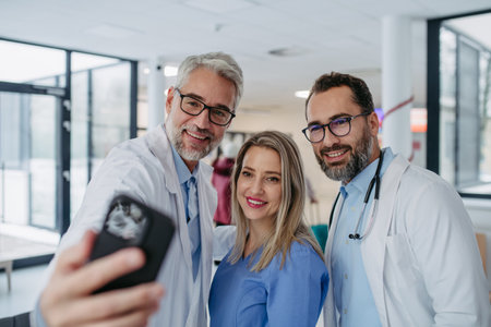 Portrait of doctors and nurse standing in hospital corridor. Healthcare workers in modern private clinic, taking selfie, smiling.の写真素材