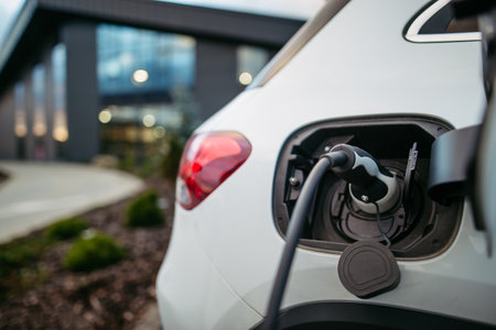 Close up electric car charging in front of office building. Charging at work, workplace.の写真素材