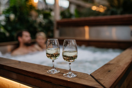 Two wine glasses on hot tub, couple relaxing, enjoying romantic wellness weekend in spa. Concept of Valentines Day.の写真素材