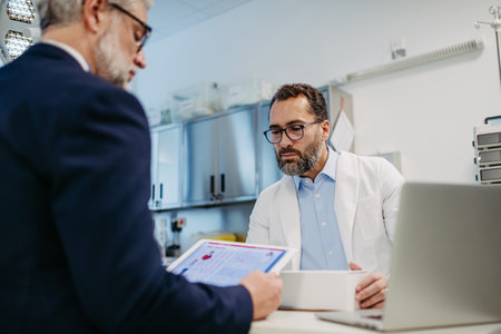 Pharmaceutical sales representative presenting new medication to doctor in medical building, holding box with medication samples.の写真素材
