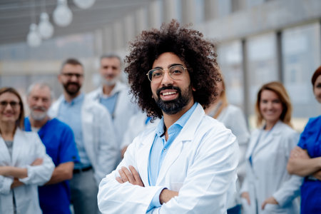 Portrait of handsome doctor standing in front of team of doctors. Healthcare team with doctors,...