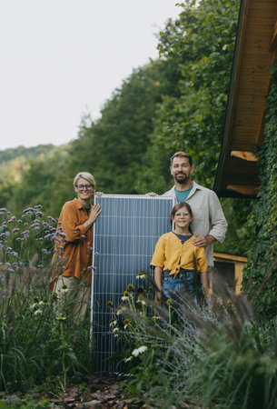 Father mother and daughter standing in garden with solar panel. Solar energy and sustainable lifestyle of young family. Concept of green energy and sustainable future for next generations.の写真素材