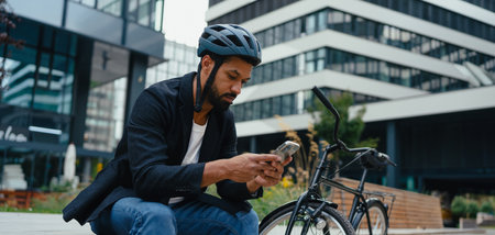 City commuter, sitting on bench, scrolling on smartphone. Businessman traveling from work to home on bike. City lifestyle.の写真素材