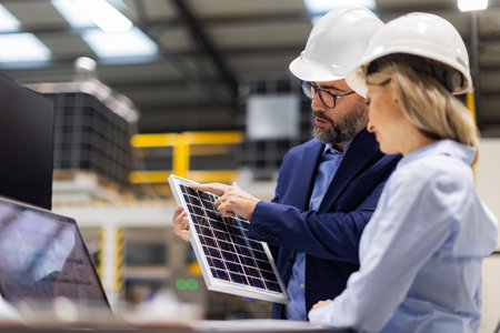 Female engineer and male director talking in modern industrial factory about solar panels...