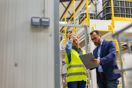 Supervisor, manager scolding employee in modern industry factory. Worker making mistake. Production...