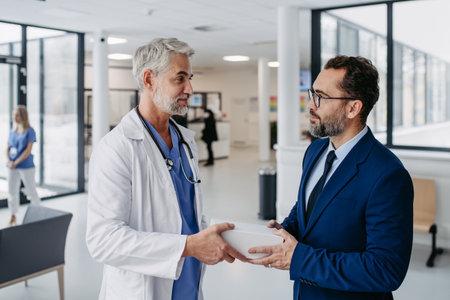 Handsome pharmaceutical sales representative presenting new medication to doctor in medical building, holding box with medication samples, handing it to doctor..の写真素材