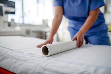 Nurse preparing examination table in emergency room, examination room. Discarding of used paper and rolling out the fresh sheet of paper for next patient.の写真素材