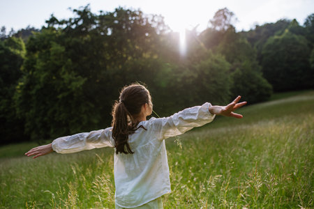 Rear view of young girl standing on meadow with open arms, enjoying warm spring day.の写真素材