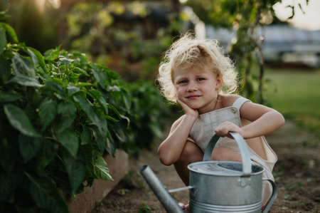 Little girl squatting by raised garden bed, holding metal watering can. Caring for vegetable garden and growing, planting spring vegetables.の写真素材