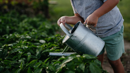 Boy watering raised garden bed, holding metal watering can. Caring for vegetable garden and growing, planting spring vegetables.の写真素材