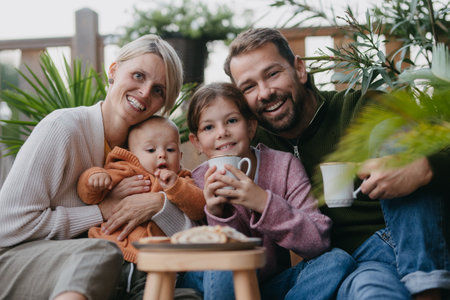 Portrait of family sitting outdoors in the garden patio. Drinking warm tea, coffee, and eating sweet...