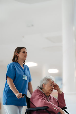 Nurse pushing senior patient in wheelchair across hospital corridor. Emotional support for elderly woman.の写真素材