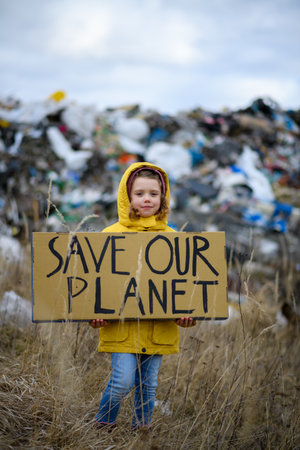 Young girl holding placard, protest sign, standing standing on landfill, large pile of waste, nature...