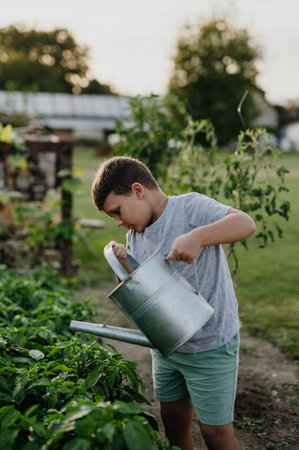 Boy watering raised garden bed, holding metal watering can. Caring for vegetable garden and growing, planting spring vegetables.の写真素材