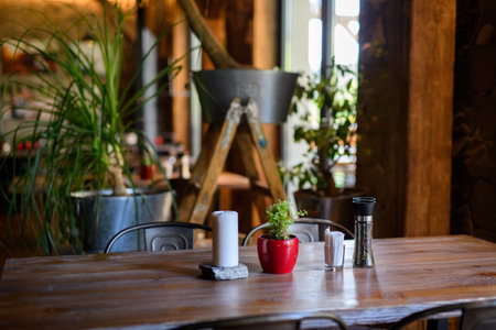 Modern restaurant with wooden tables, chairs, and flooring. Ambient atmosphere, rustic interior...