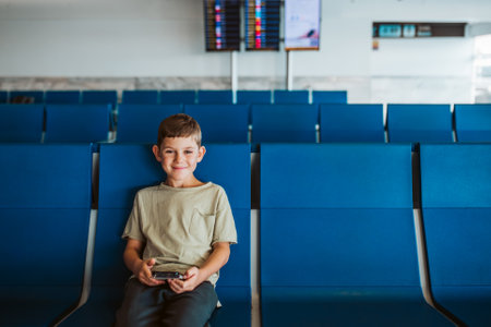 Boy sitting in empty airport of vacation destination, excited about the sea and the beach.の写真素材