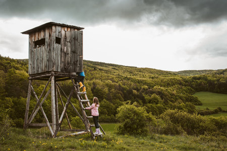 Siblings discovered a hunting blind during their walk in forest, climbing up to observe beautiful spring nature, wildlife.の写真素材