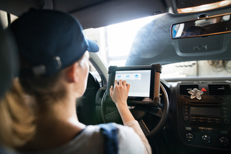 Female auto mechanic using diagnostic tool, scanner, running diagnostic on car. Beautiful woman...