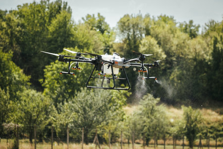 Agricultural drones spraying crops, distribute pesticides, herbicides and fertilizers efficiently and precisely. Aerial view of a drone moderning over farm fields, modern farming.の写真素材