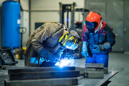 Blonde woman works as a welder in workshop, operating welding machine, wearing protective clothing...