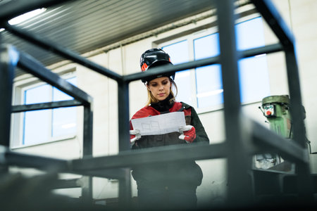 Beautiful blonde woman works as a welder in workshop, reading blueprints, wearing protective clothing and a welding mask.の写真素材