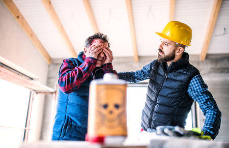 Colleague giving first aid to worker with chemical splashed on his skin, face. Accident at...