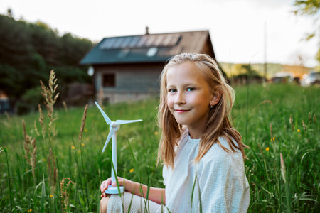 Girl with model of wind turbine, standing in the middle of meadow, house with solar panels behind. Concept of renewable resources.の写真素材