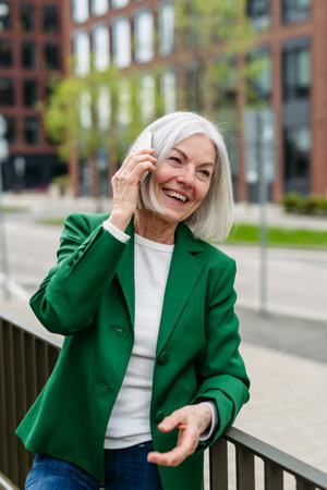 Mature businesswoman phone calling on smartphone, going on business meeting in the city. Beautiful older woman with gray hair standing on city street.の写真素材