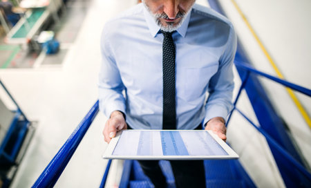 Portrait of project manager standing in modern industrial factory. Manufacturing facility with...