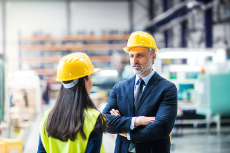 Warehouse worker talking with logistics employee in warehouse, planning transport of products, goods, talking shipping process.の写真素材
