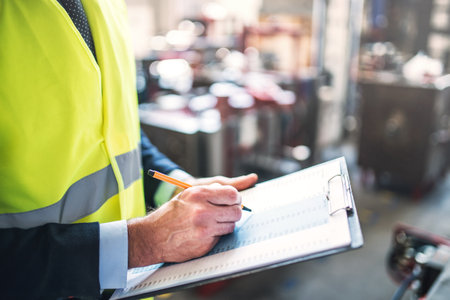 Close up of project manager standing in modern industrial factory, writing in clipboard. Manufacturing facility with robotics, robotic arms and automation. Storing products and materials in warehouse.の写真素材