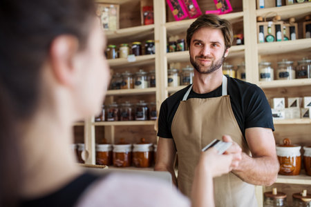 Handsome shop assistant serving customer in package-free store using reusable containers. Zero waste...