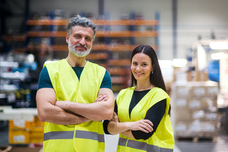 Warehouse employees in warehouse. Two workers in reflective clothing in modern industrial factory, heavy industry, manufactrury.の写真素材